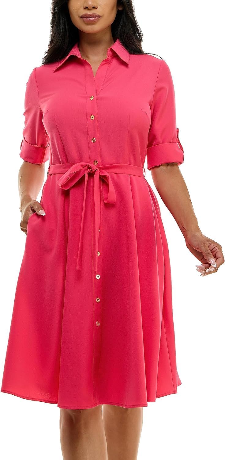 Sharagano Womens Button Front Pleated Shirt Casual Dress Review