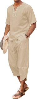 COOFANDY Men's Linen 2-Piece Henley Set - Lightweight Comfort