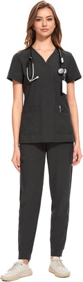 COZYFIT Medical Scrubs for Women Set - Curved V-Neck & 8 Pockets while