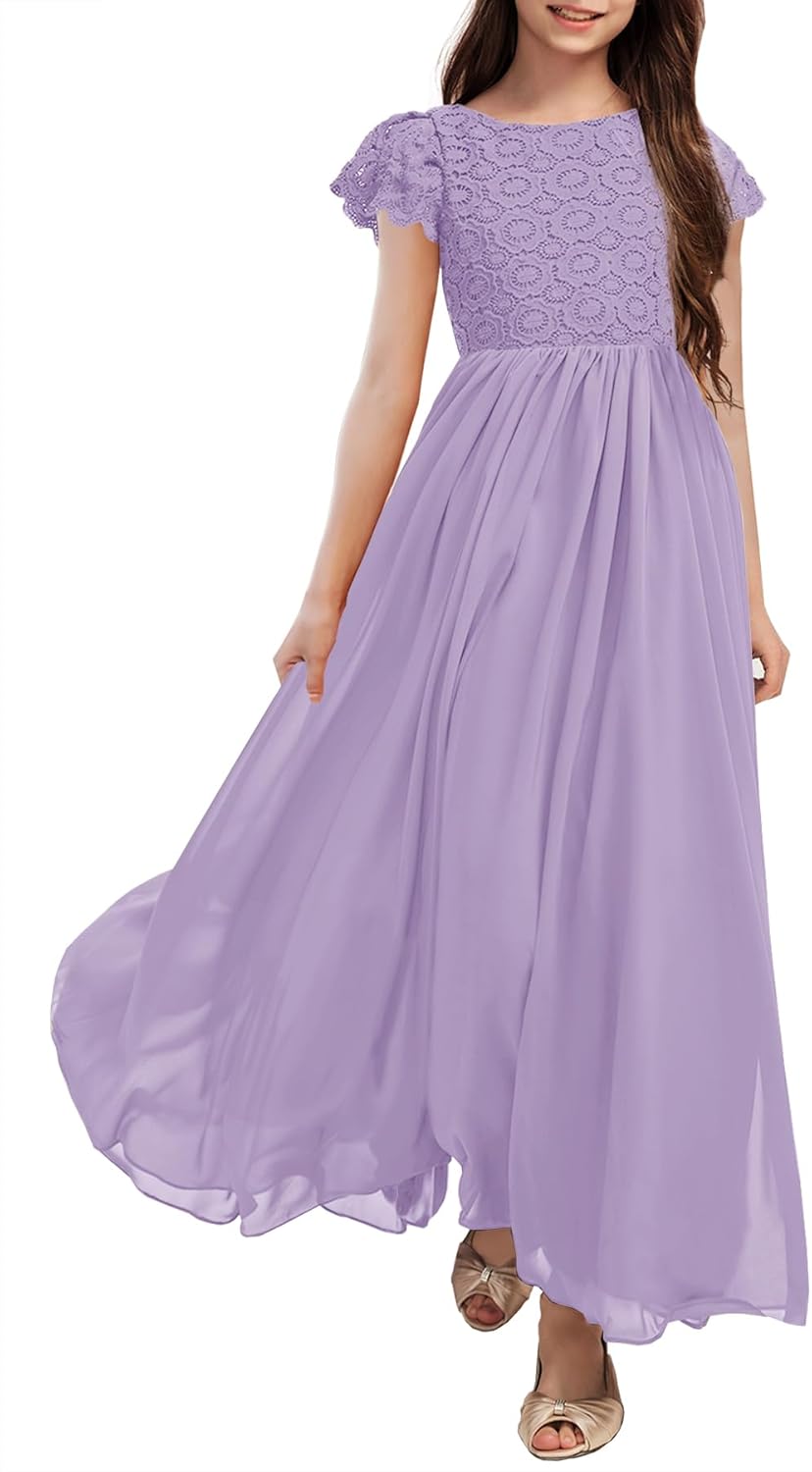 HOSIKA Girls Vintage Chiffon Ruffle Sleeve A-Line Maxi Dress
