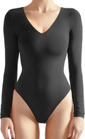 V Neck Double Lined Thong Bodysuit - Sleek Everyday Layering