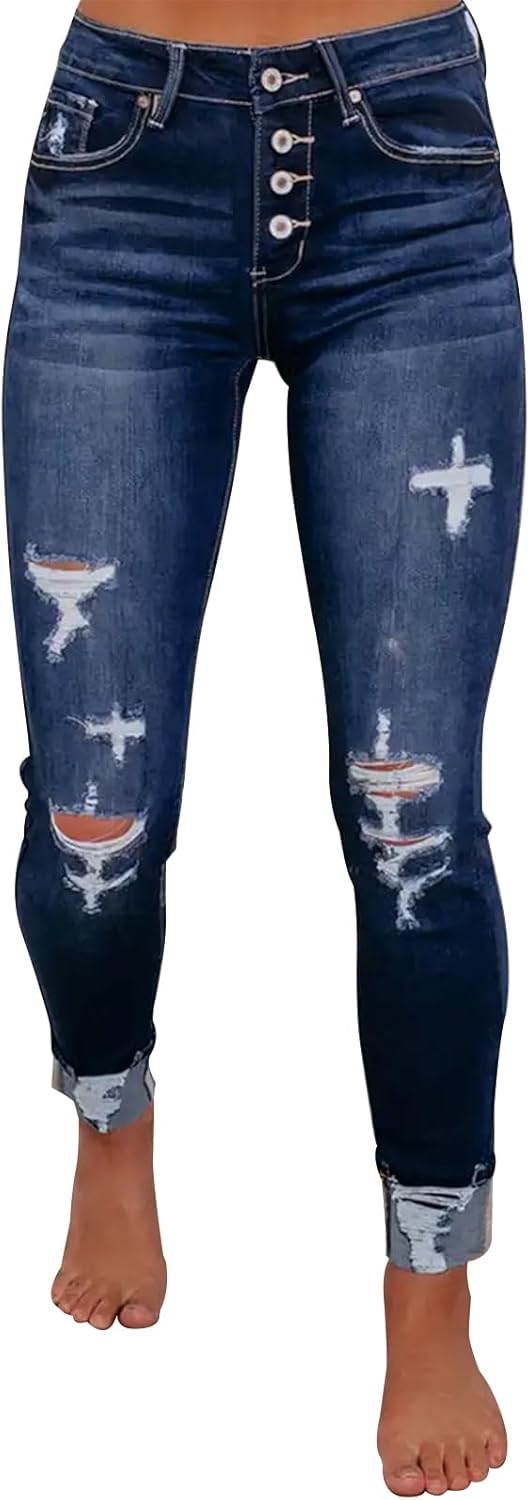 KUNMI Women's Ripped Skinny Slim Fit Jeans for Trendy Style