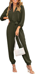 Women's Fall Jumpsuit V Neck Belted Romper - Dressy Casual Fit