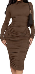 Ekaliy Ruched Bodycon Midi Dress Mock Neck Long Sleeves - Flattering