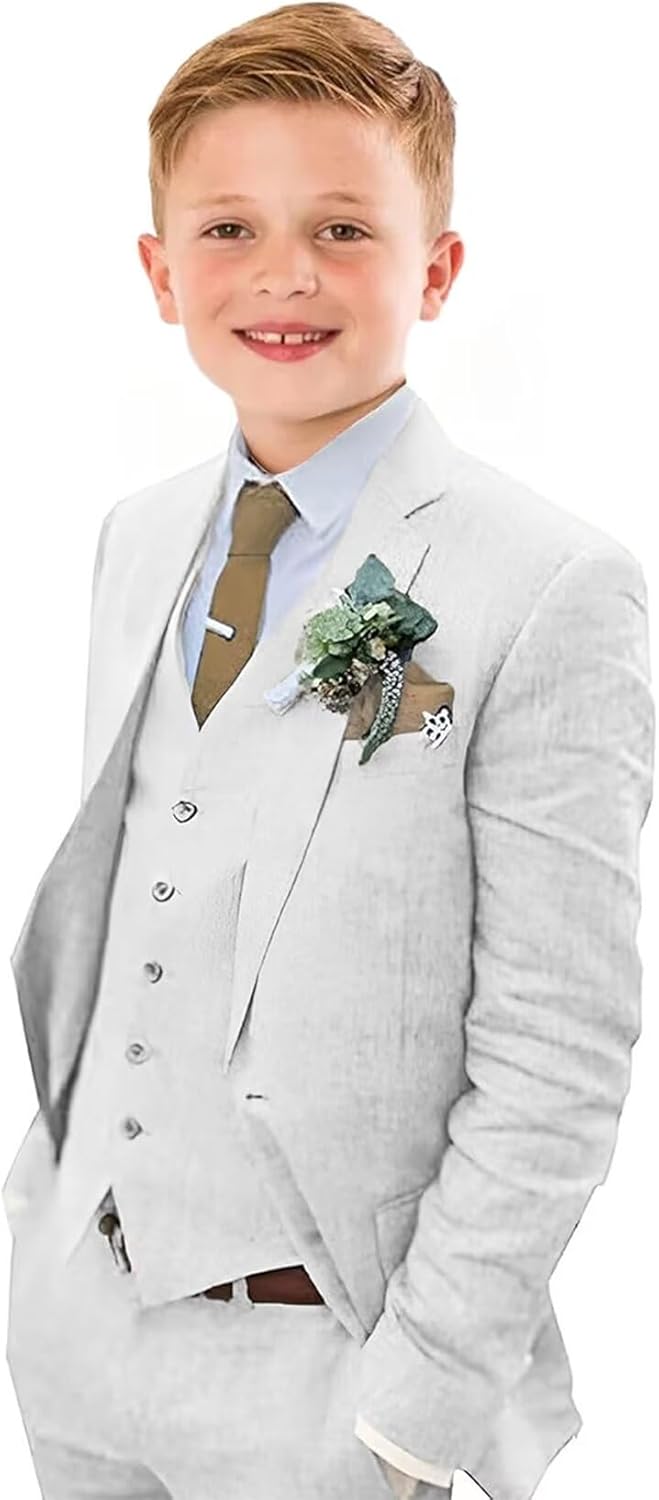 Boys Linen Suit Slim Fit 3 Piece Summer Beach Wedding Set