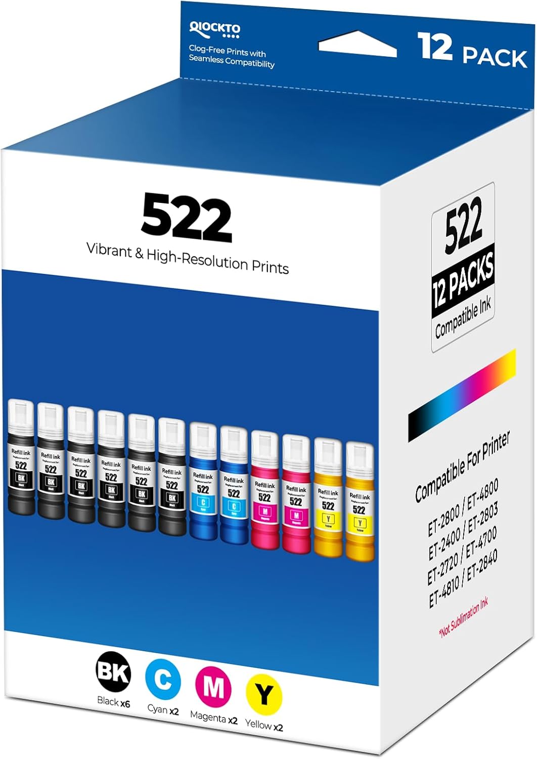522 Ink Refill Bottles for Eco Tank Printers - 12 Pack