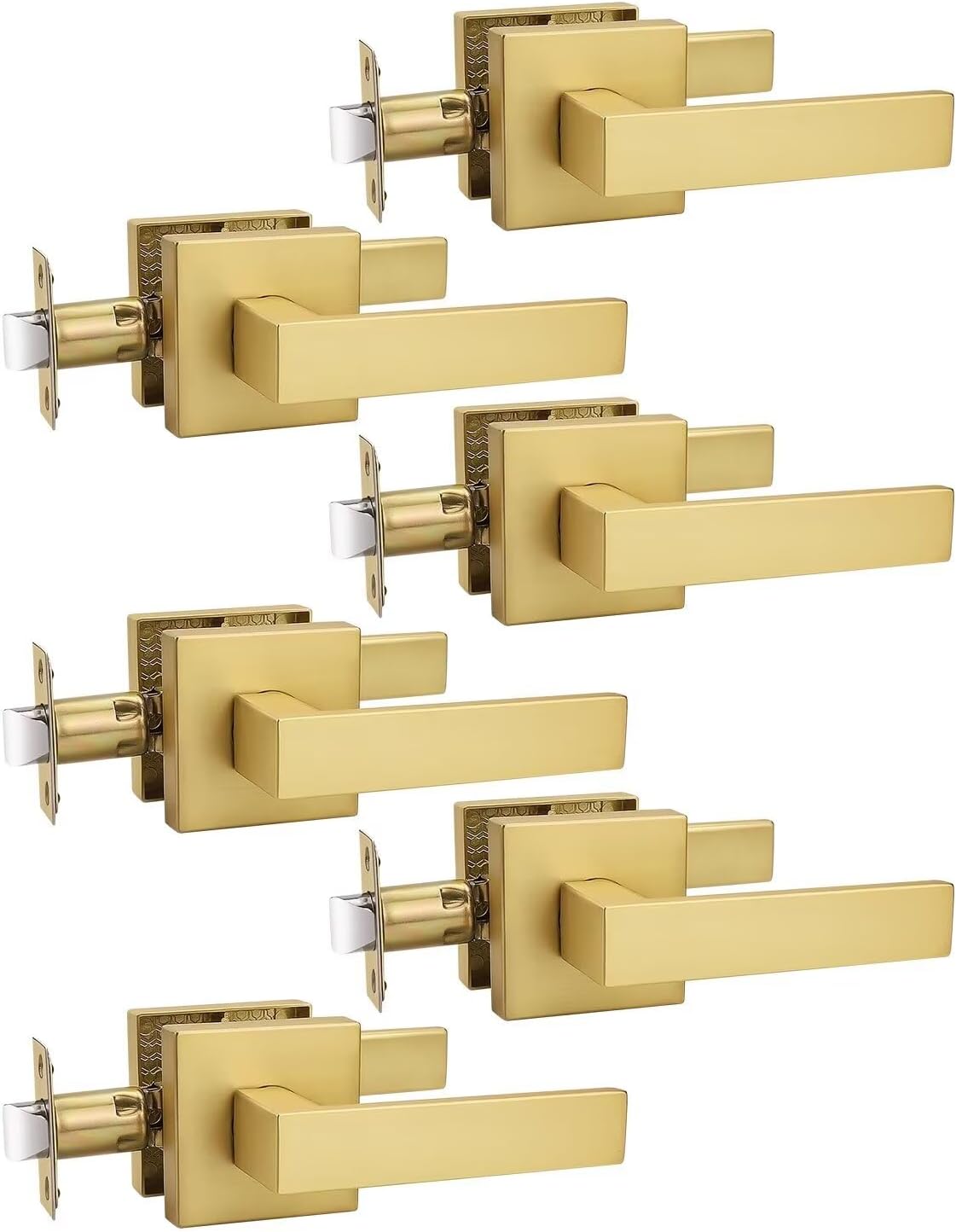6 Pack Gold Keyless Square Levers Handles for Interior Doors