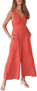 Women's Wide Leg Jumpsuit Summer V Neck Romper - Flattering Linen Look