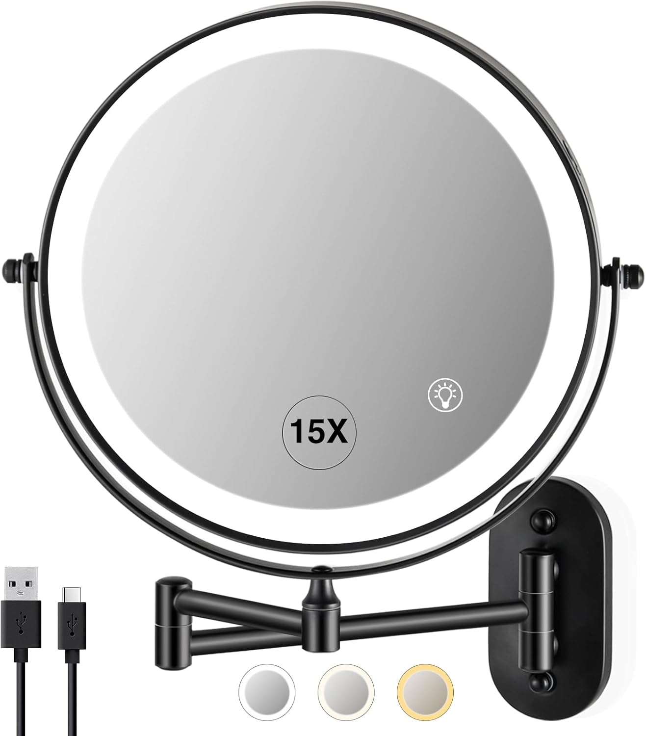 Magnifying Mirror with Lights 1x/15x Rechargeable for Makeup