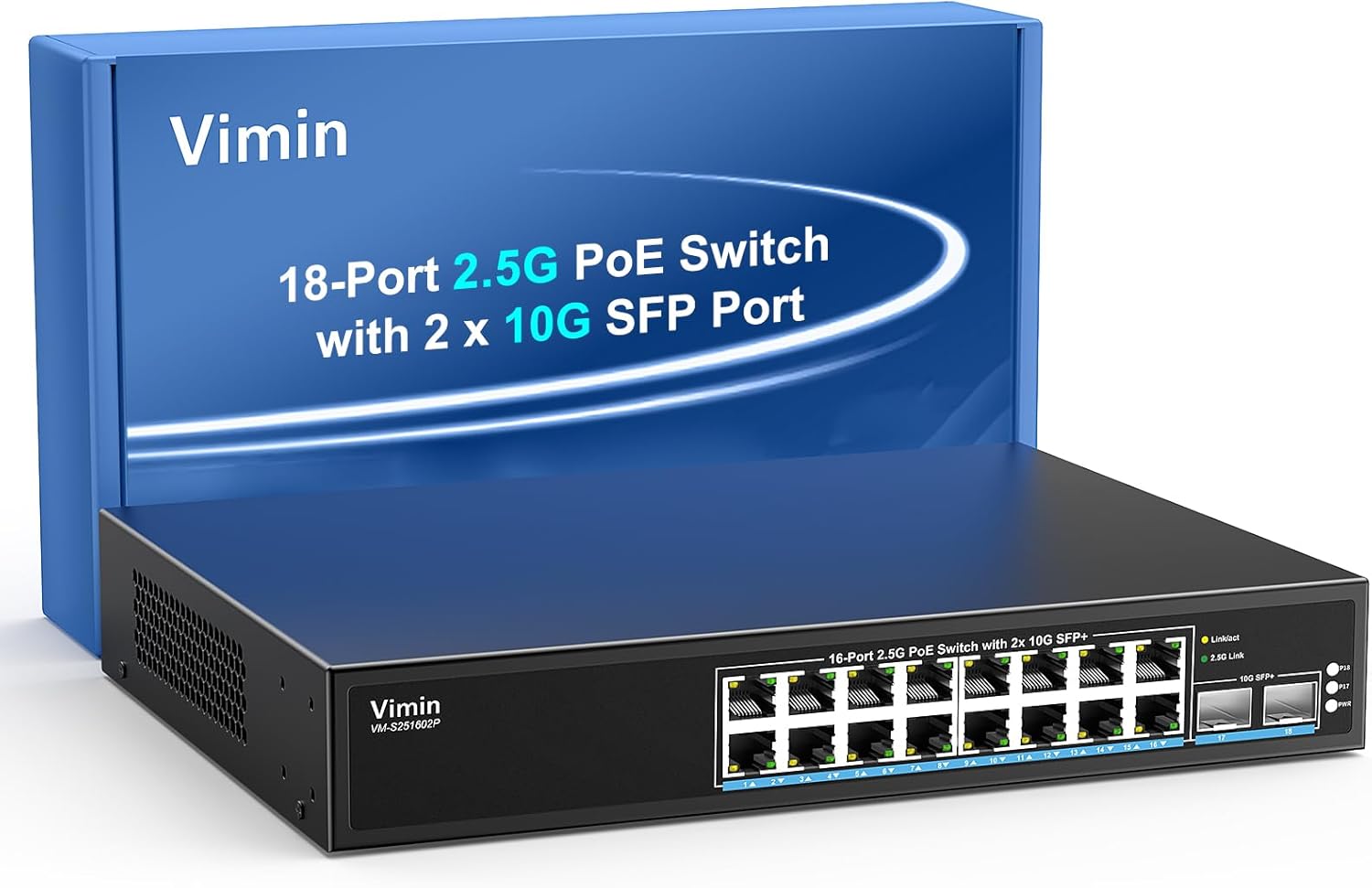 16 Port 2.5G PoE Switch Unmanaged with 10Gbps SFP Ports