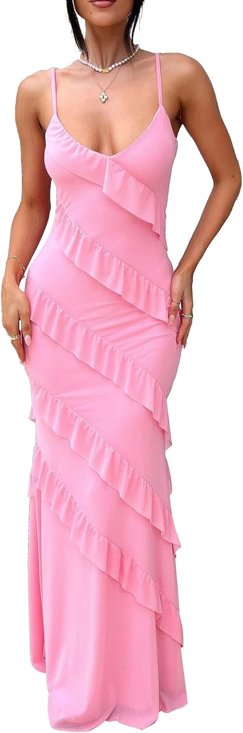 HOCILLE Women's Sexy V Neck Backless Bodycon Maxi Dress