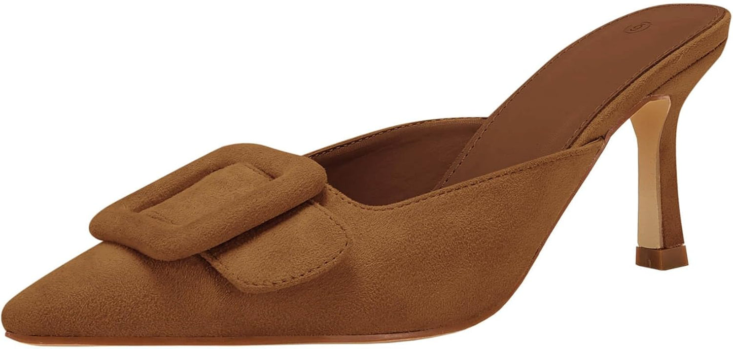 VETASTE Women's Heeled Mules Pointed Toe Suede Sandals