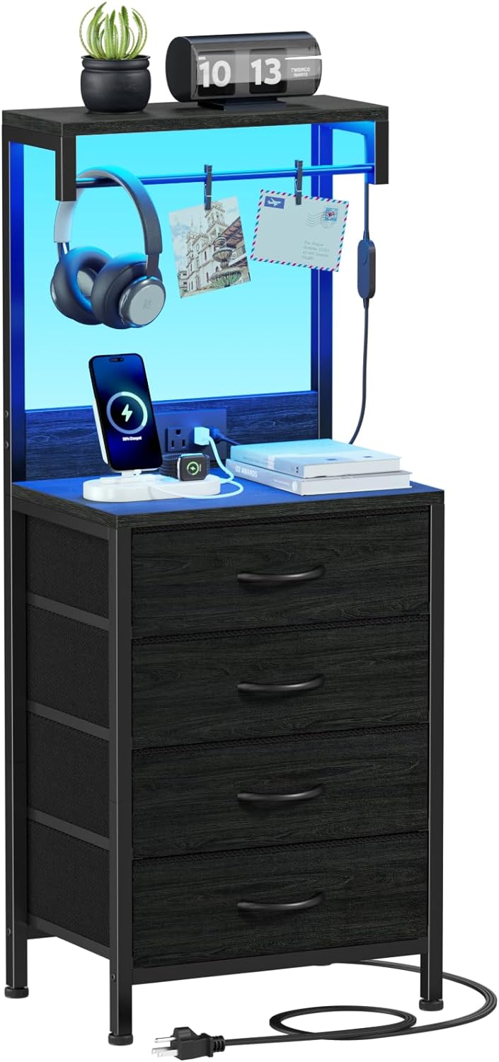 Furnulem Tall Nightstand with Charging Station and LED Lights
