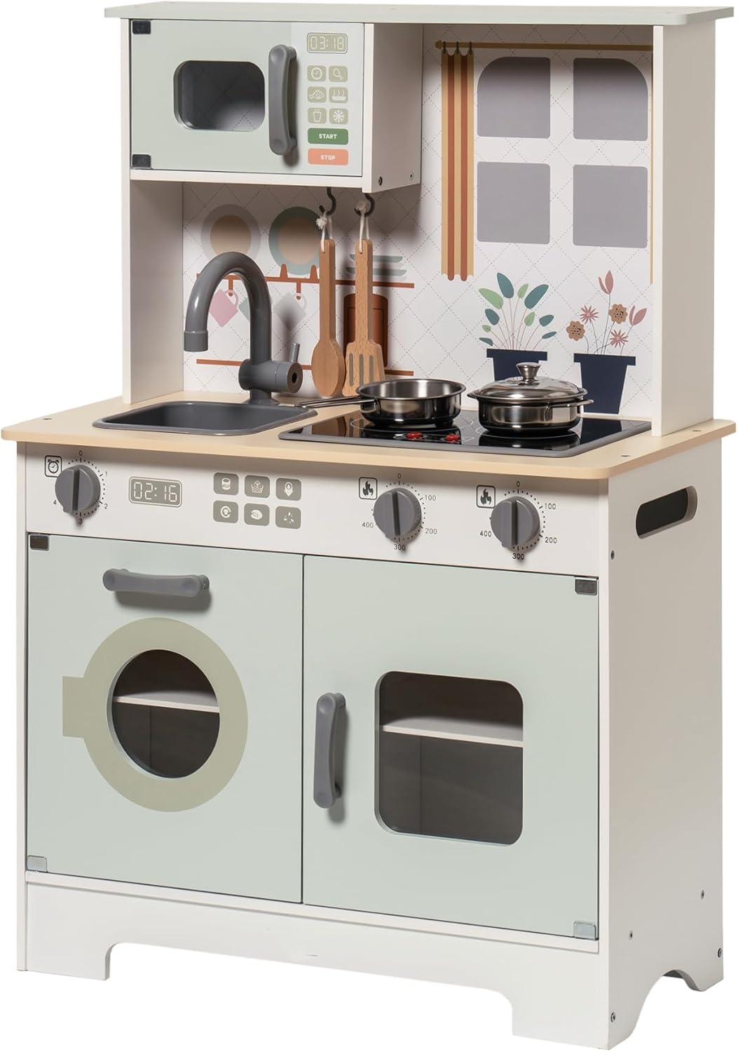 ROBOTIME Wooden Kids Play Kitchen Set with Real Lights & Sounds