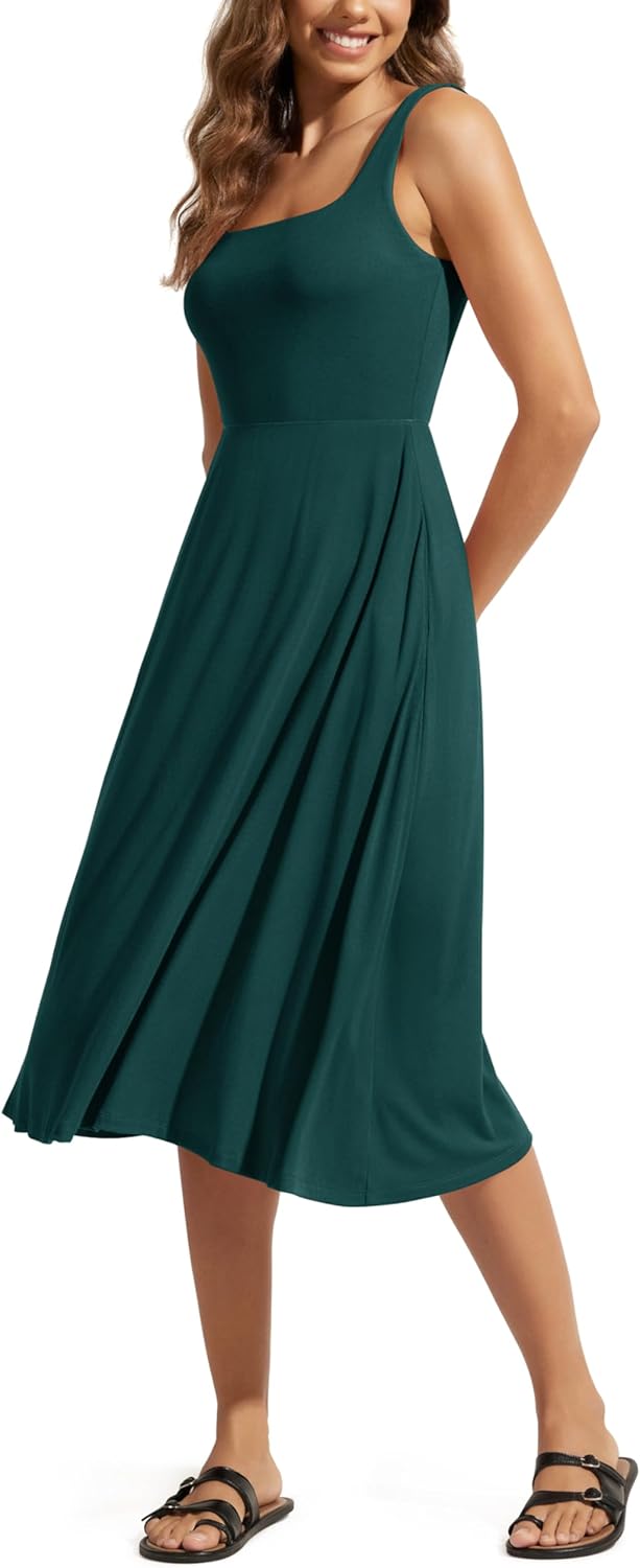 ODODOS Square Neck Midi Dress with Pockets for Women Summer