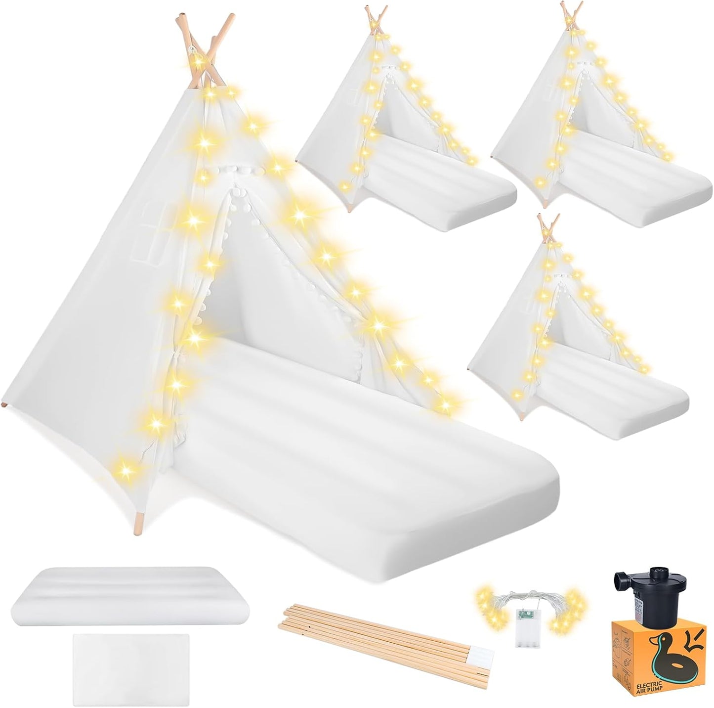 Inflatable Airbed & Light String Included - Kids Teepee Party Set