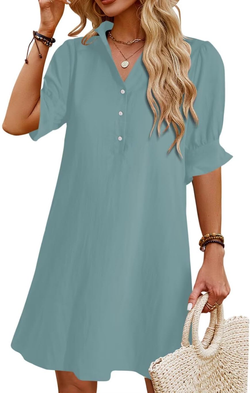 Womens Summer Shirt Dress with Ruffle Sleeves and Pockets
