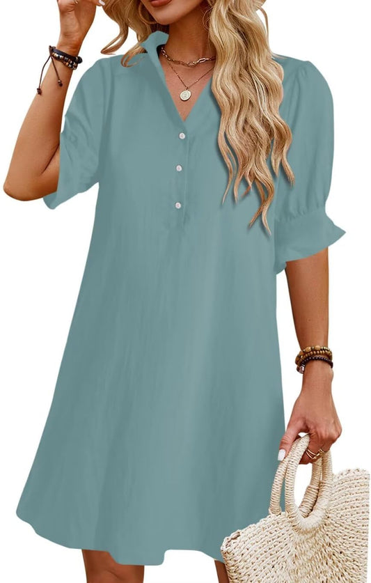Womens Summer Shirt Dress with Ruffle Sleeves and Pockets