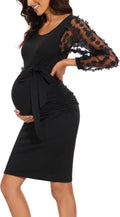 Floral Mesh Bishop Long Sleeve Maternity Midi Dress - Flattering