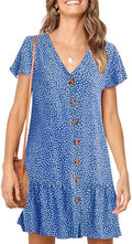 Polka Dot V Neck Button Down Ruffle Mini Dress - Casual, Airy Fit