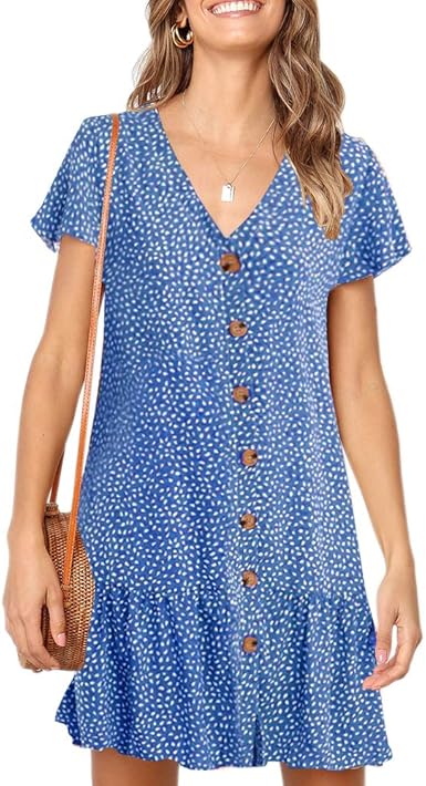 Imysty Womens Polka Dot V Neck Button Down Ruffles Dress