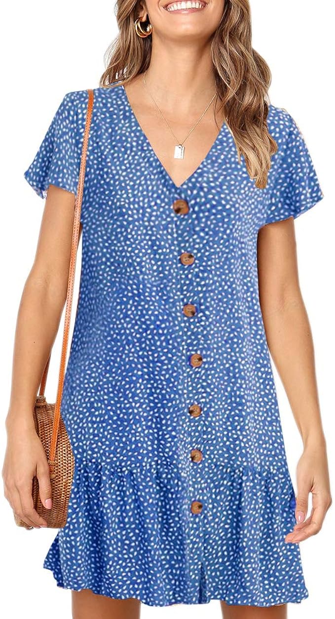 Imysty Womens Polka Dot V Neck Button Down Ruffles Dress
