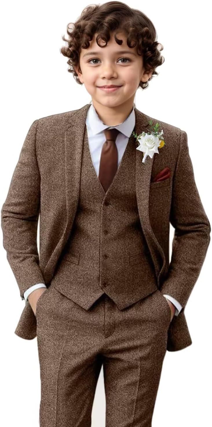 Boy Suit Tweed 3 Pieces Herringbone Slim Fit Formal Set