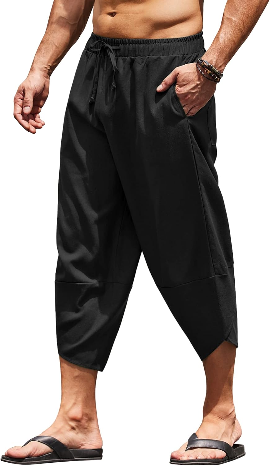 COOFANDY Men's Linen Harem Capri Pants for Casual Comfort