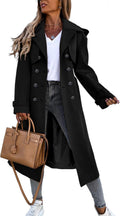 Fisoew Women's Double Breasted Long Trench Coat - Windproof Classic
