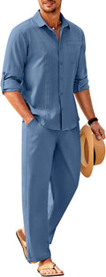 Mens Linen Sets 2 Piece Long Sleeve Cuban Shirt and Pants Set - Summer