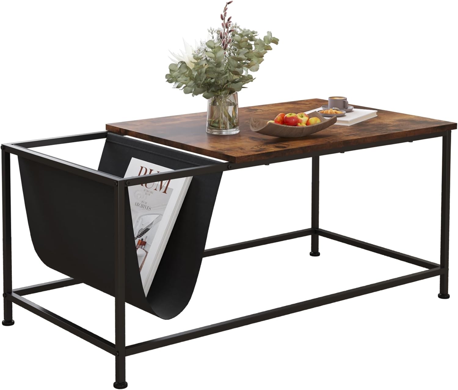 SENIG Brown Rectangle Wood and Metal Coffee Table with Storage