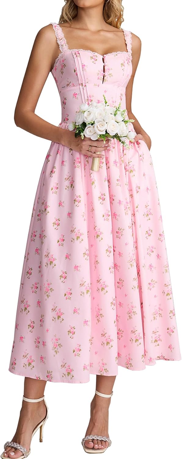KUTUMAI Women Summer Lace Square Neck Midi Dress with Pockets