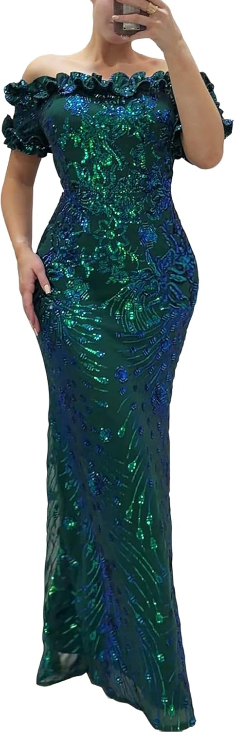 Women Sexy Sequin Off Shoulder Ruffle Bodycon Mermaid Dress