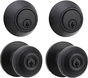 Exterior Door Knob With Lock and Deadbolt Set, Matte Black Finish