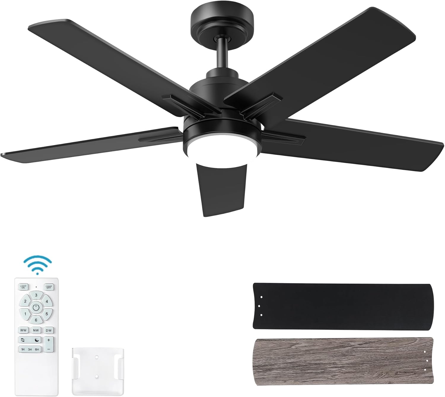 42 Inch Black Ceiling Fan with Light and Remote Control Features