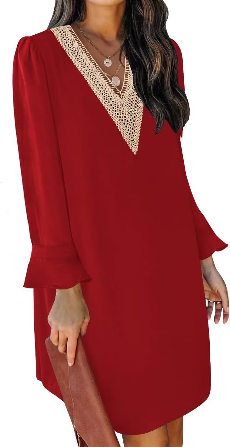 QACOHU Fall Dresses for Women - Casual V Neck Long Sleeves