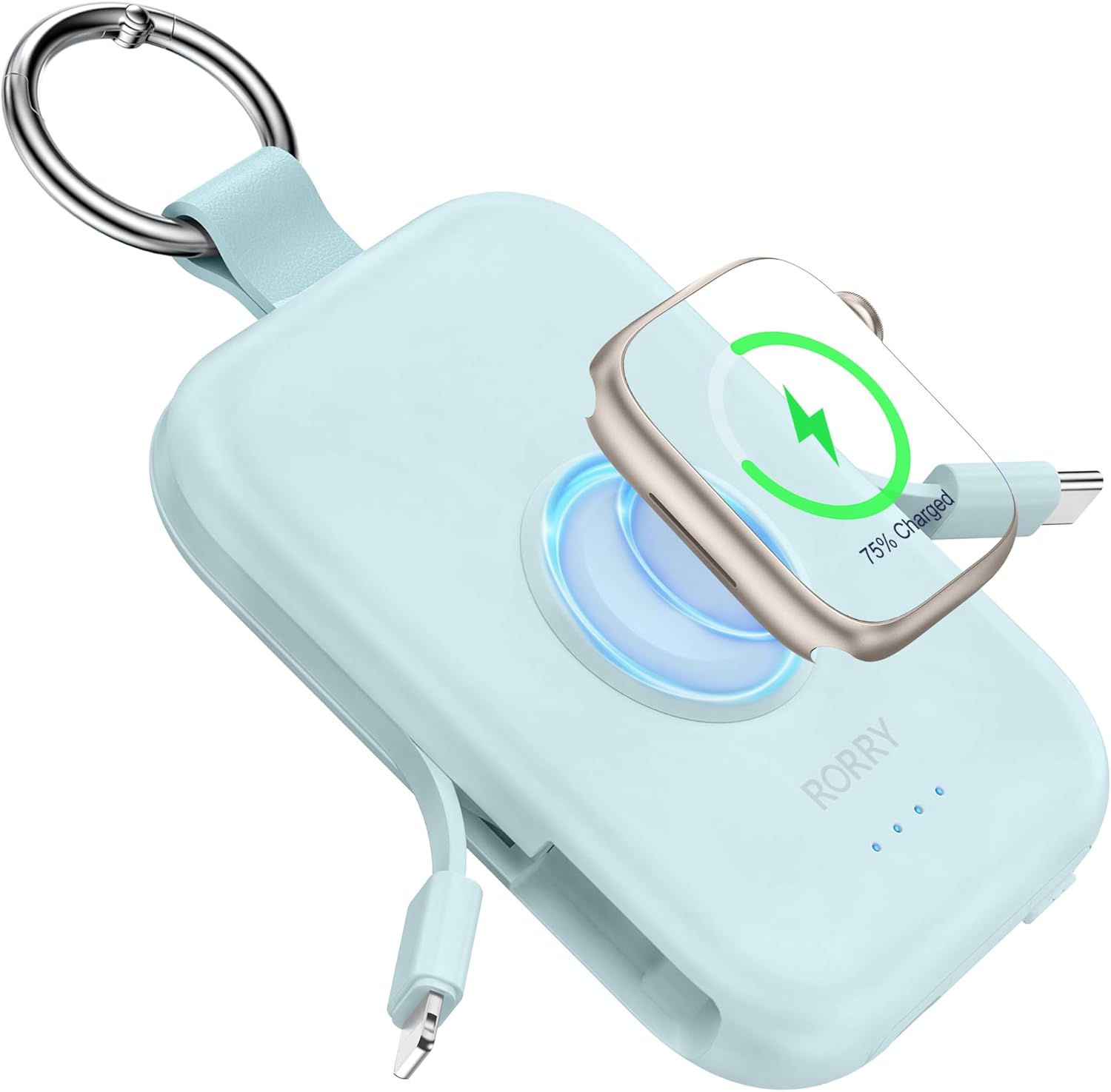 5000mAh Portable Charger with Built-in Cables by RORRY for Apple Watch & iPhone, Blue