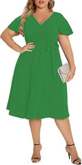 Agmibrelr Plus Size Flutter Sleeve Deep V Neck Midi Dress - Flattering