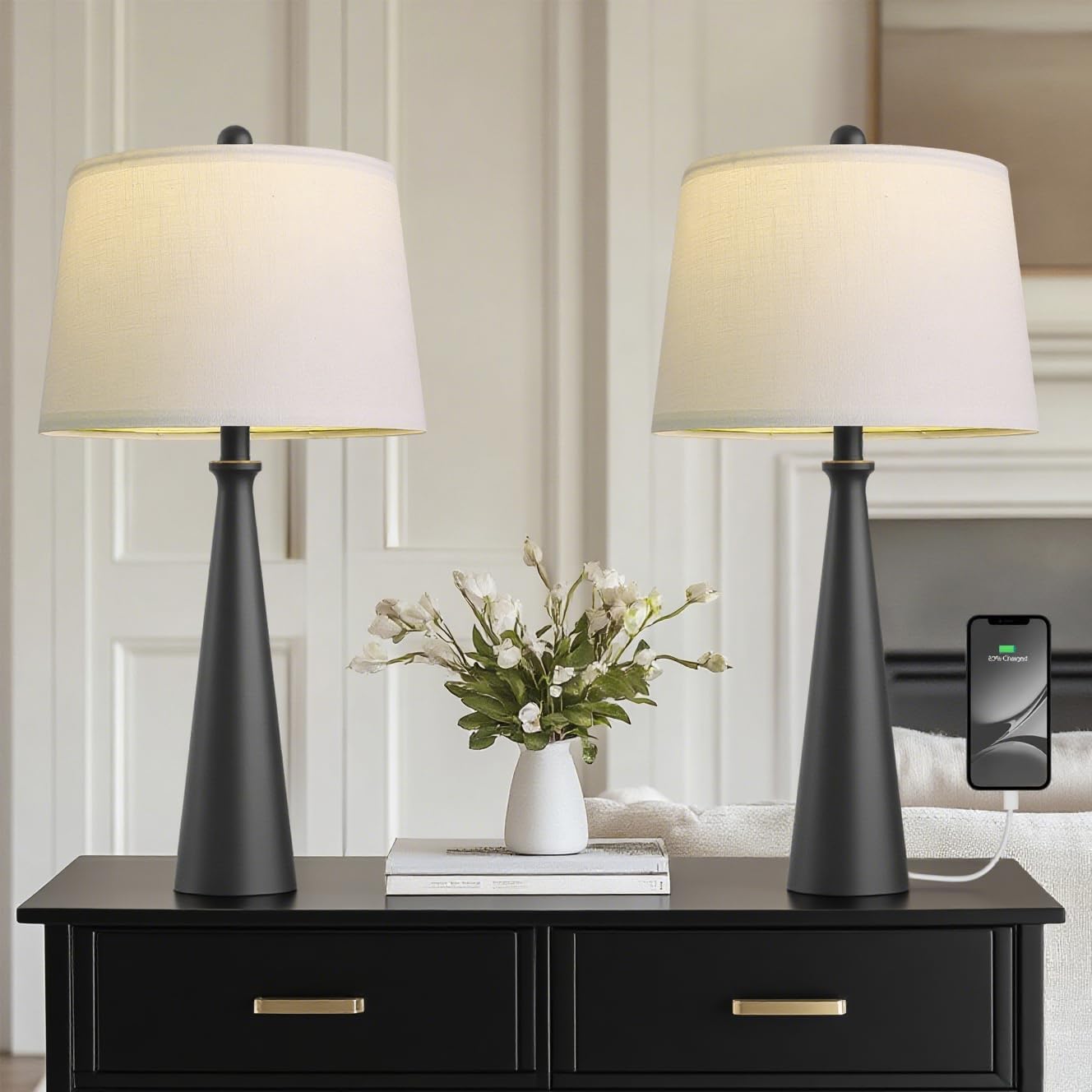 Modern Table Lamp Set of 2 with USB Ports for Home Office