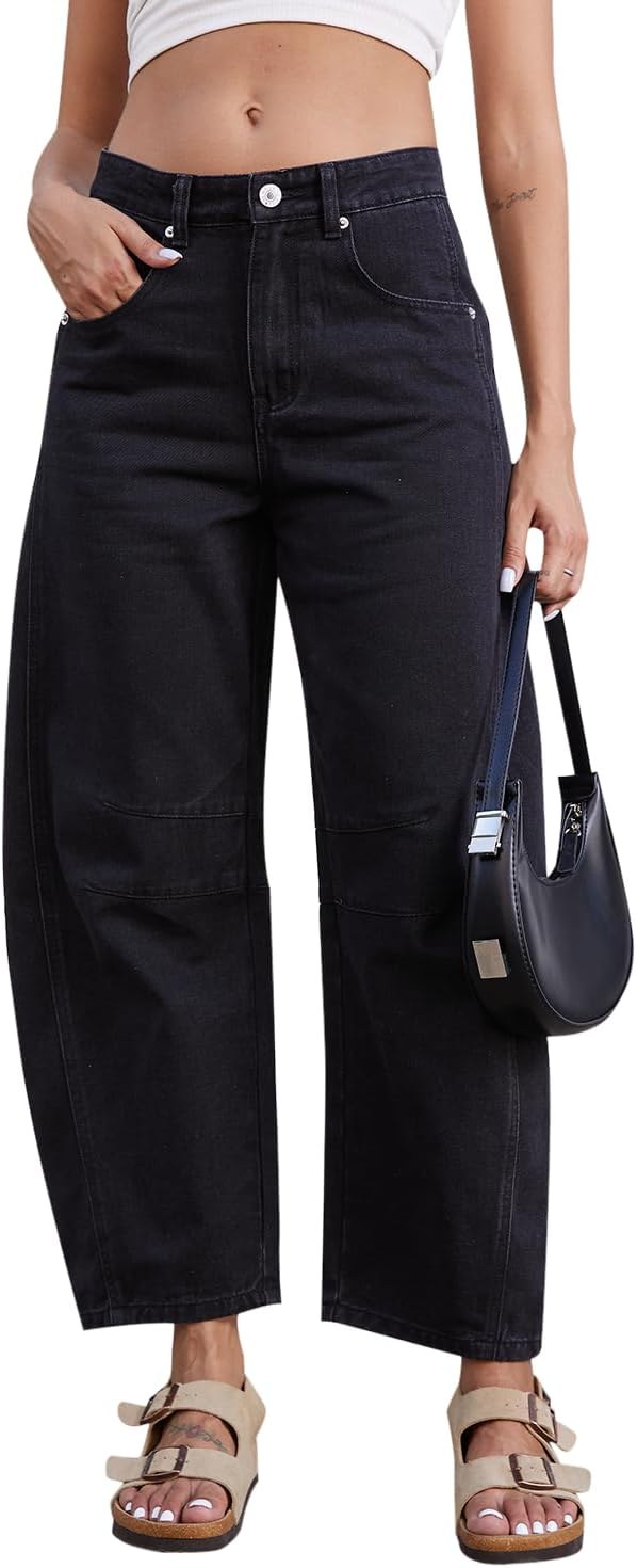 Mid Rise Barrel Jeans for Women Wide Leg Cropped Denim Pants