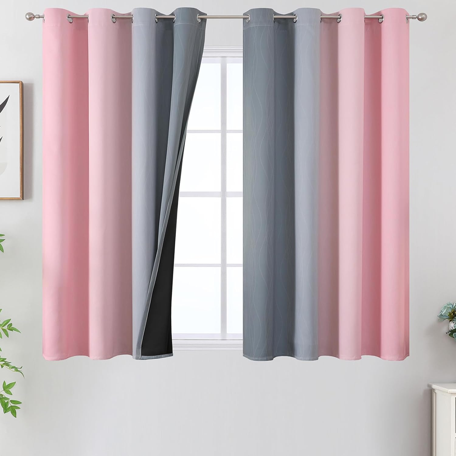 Pink and Grey Blackout Curtains for Full Room Darkening