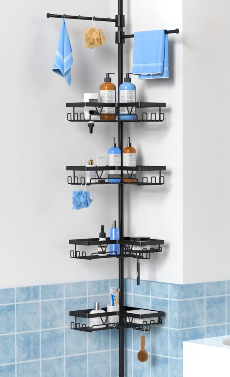 KEGII Black Shower Caddy Tension Pole with Dual Towel Bars