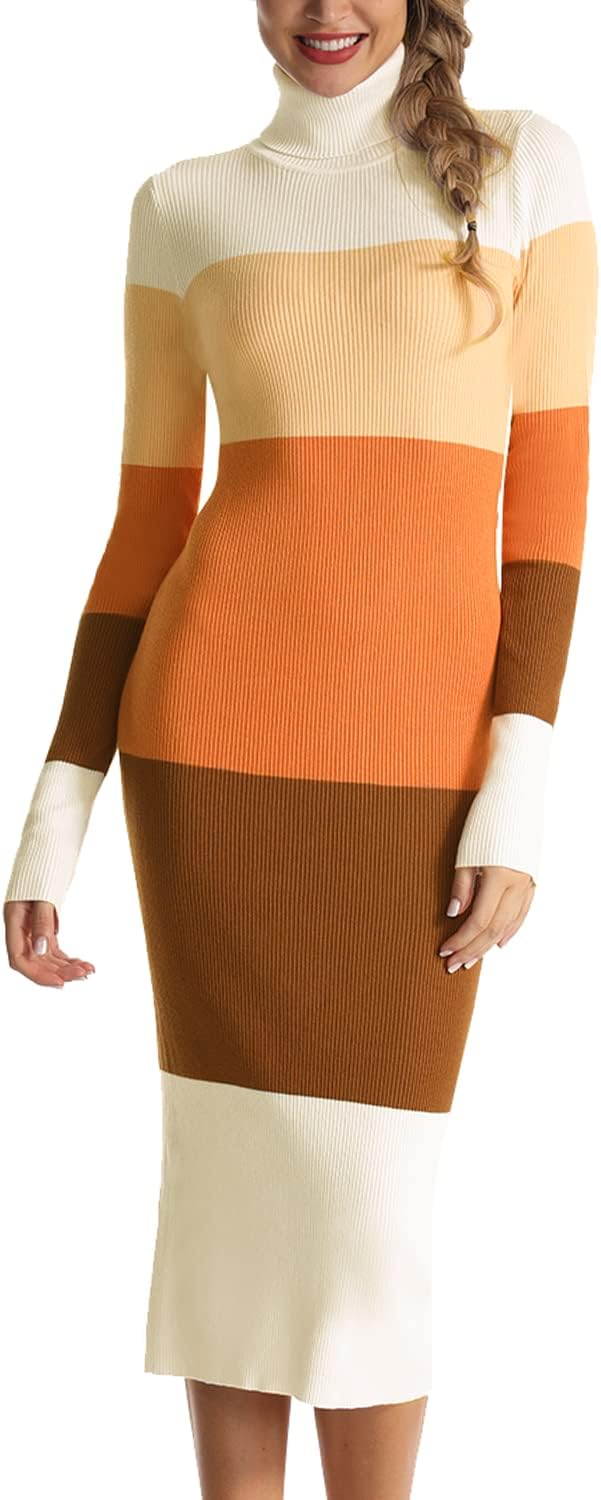Rocorose Women's Turtleneck Ribbed Long Sleeve Sweater Dress