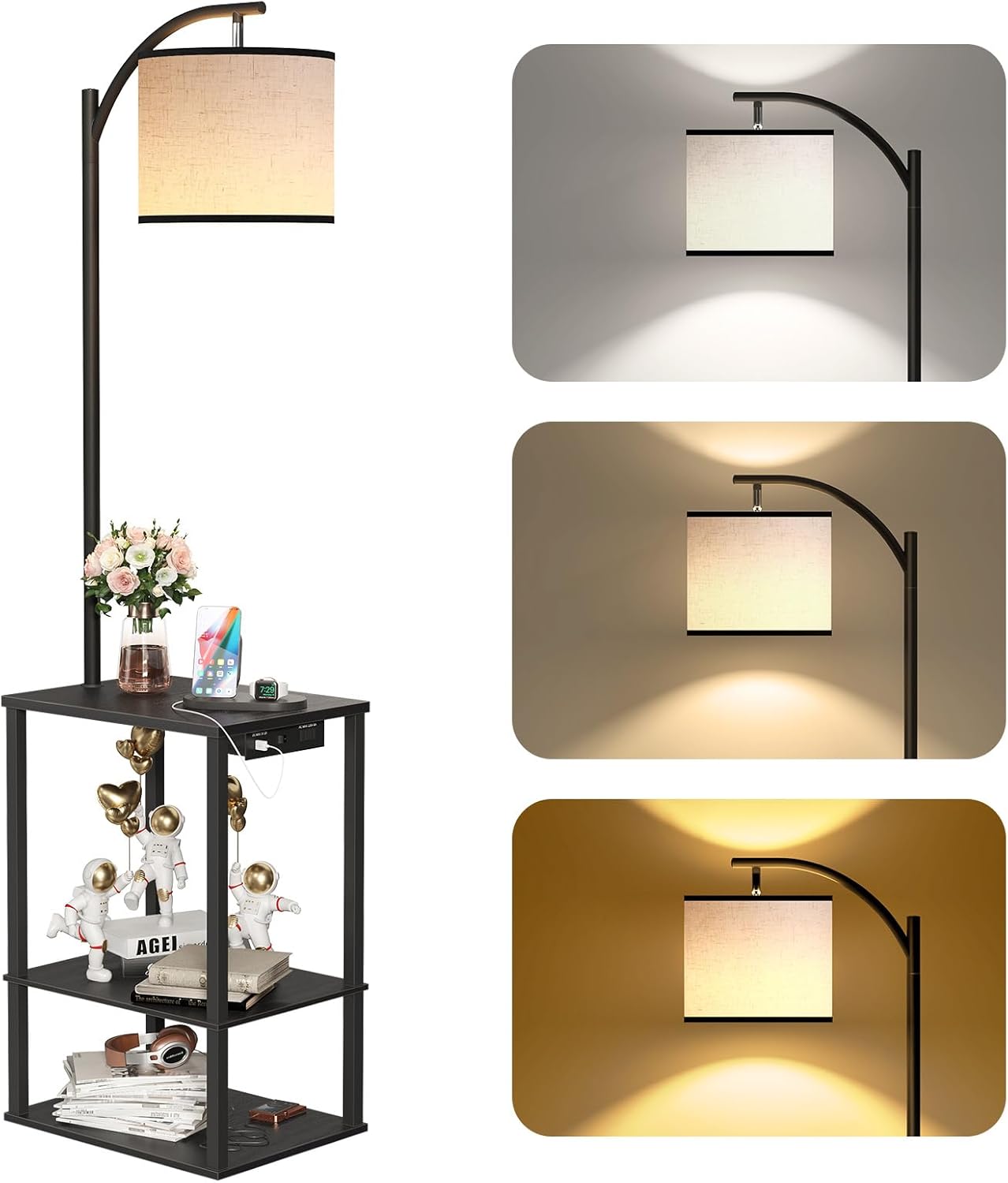 Modern Floor Lamp with Table and Charging Station for Living Room