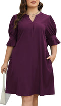 Plus Size V Neck Shift Dress for Curvy Women - Pockets & Ruffle