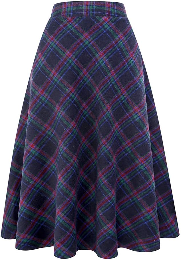 Long Plaid Wool Skirt for Womens Winter Fall Warm High Waist