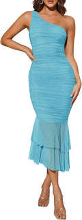 ZESICA One Shoulder Mesh Ruched Midi Dress - Flattering Summer Fit