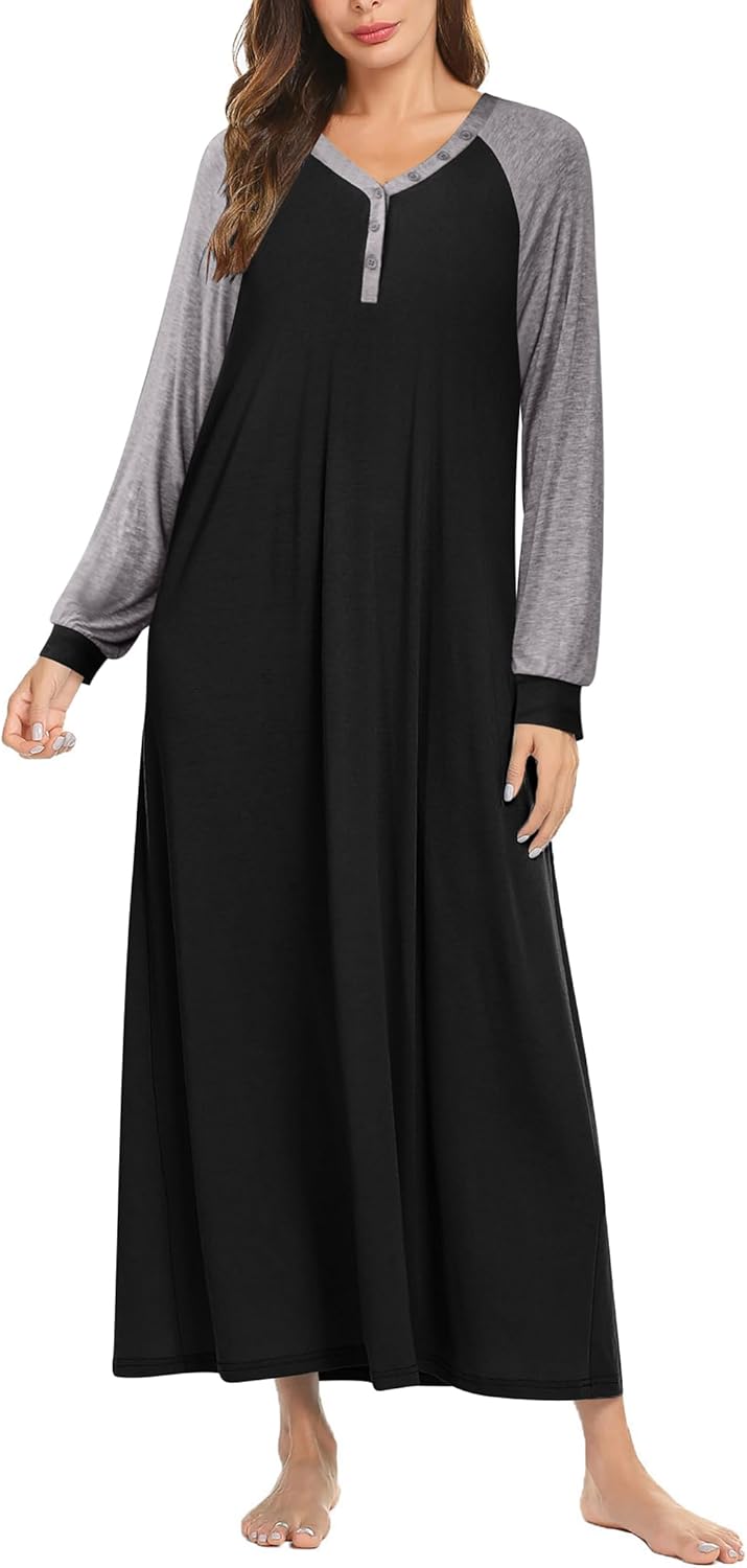 Ekouaer Nightgown Long Sleeve V Neck Loungewear for Women