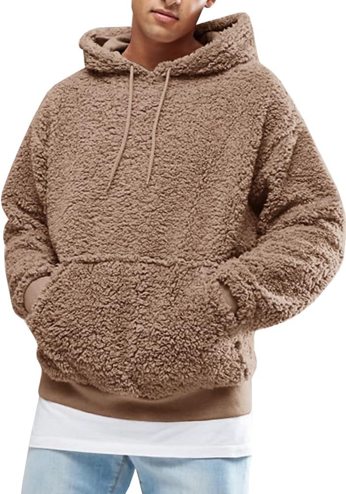 Runcati Mens Fuzzy Sherpa Pullover Hoodie for Winter Wear