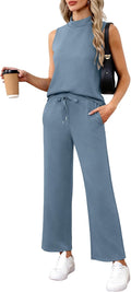 Women's Summer 2-Piece Lounge Set - Mock Neck Tank & Wide Leg Pants